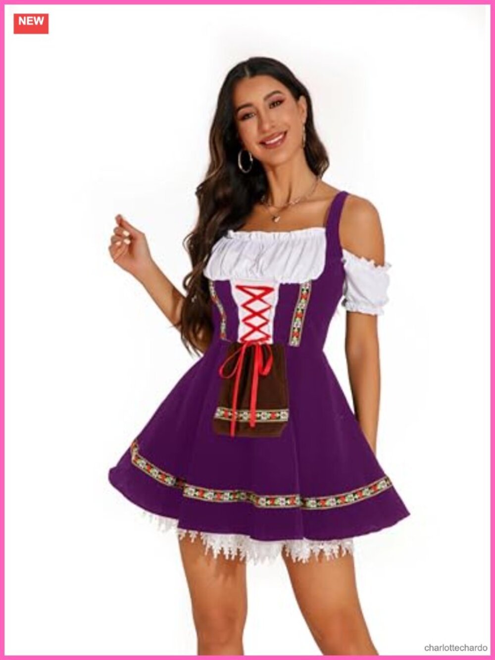 Women Oktoberfest Costume Dress with Ribbon, Velvet, Off Shoulder, German Beer